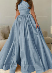 Evening Dress Sleeve, A-line One-Shoulder Sleeveless Sweep Train Satin Prom Dress with Pleated