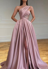 Silk Prom Dress, A-line One-Shoulder Sleeveless Sweep Train Satin Prom Dresses With Split Pleated