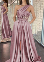 Chic Dress Classy, A-line One-Shoulder Sleeveless Sweep Train Satin Prom Dresses With Split Pleated