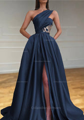 Night Club Outfit, A-line One-Shoulder Sleeveless Sweep Train Satin Prom Dresses With Split Pleated