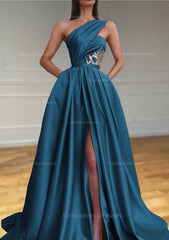 Prom Aesthetic, A-line One-Shoulder Sleeveless Sweep Train Satin Prom Dresses With Split Pleated