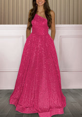 Homecoming Dresses Pink, A-line One-Shoulder Sleeveless Sweep Train Sequined Prom Dress with Pockets