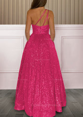 Homecoming Dress Pink, A-line One-Shoulder Sleeveless Sweep Train Sequined Prom Dress with Pockets