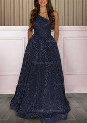 Homecoming Dresses With Sleeves, A-line One-Shoulder Sleeveless Sweep Train Sequined Prom Dress with Pockets