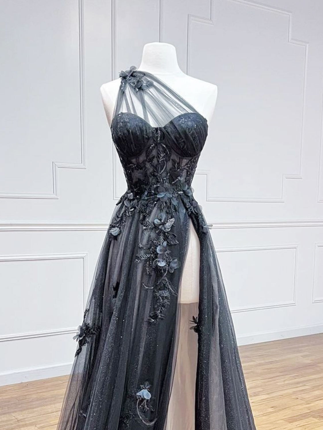 Semi Dress, A-Line One Shoulder Tulle Black Long Prom Dress, Black Formal Evening Dress