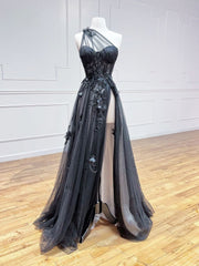 Wedding Party Dress, A-Line One Shoulder Tulle Black Long Prom Dress, Black Formal Evening Dress