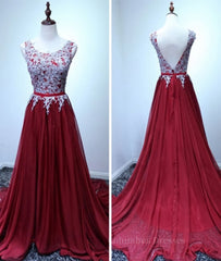 Glamorous Dress, A Line Open Back Lace Burgundy Prom Dresses, Burgundy Formal Dresses