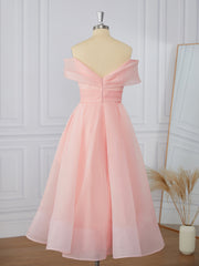 Prom Dresses Shiny, A-line Organza Off-the-Shoulder Pleated Tea-Length Dress