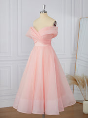 Prom Dress Shiny, A-line Organza Off-the-Shoulder Pleated Tea-Length Dress
