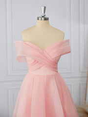 Prom Dresses Mermaide, A-line Organza Off-the-Shoulder Pleated Tea-Length Dress