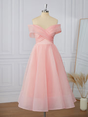 Prom Dress Long Sleeve, A-line Organza Off-the-Shoulder Pleated Tea-Length Dress
