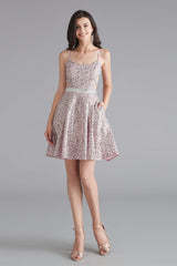 Prom Dress Gowns, A-Line Pink Leopard Sequins Spaghetti Straps Cross Back Homecoming Dresses
