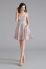 Prom Dresses For Short Girls, A-Line Pink Leopard Sequins Spaghetti Straps Cross Back Homecoming Dresses
