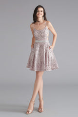 Prom Dress For Short Girl, A-Line Pink Leopard Sequins Spaghetti Straps Cross Back Homecoming Dresses