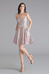 Prom Dresses For Short Girl, A-Line Pink Leopard Sequins Spaghetti Straps Cross Back Homecoming Dresses