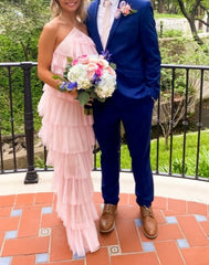 Party Dress Couple, a-line pink long prom dress , unique prom dress