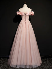 Wedding Photography, A line Pink Long Prom Dresses, Pink Tulle Formal Graduation Dresses With Beading