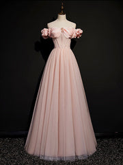 Bridesmaids Dresses Modest, A line Pink Long Prom Dresses, Pink Tulle Formal Graduation Dresses With Beading