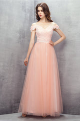 Prom Dress Curvy, A-line Pink Off Shoulder Lace Prom Dresses