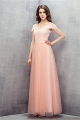 Prom Dress Open Back, A-line Pink Off Shoulder Lace Prom Dresses