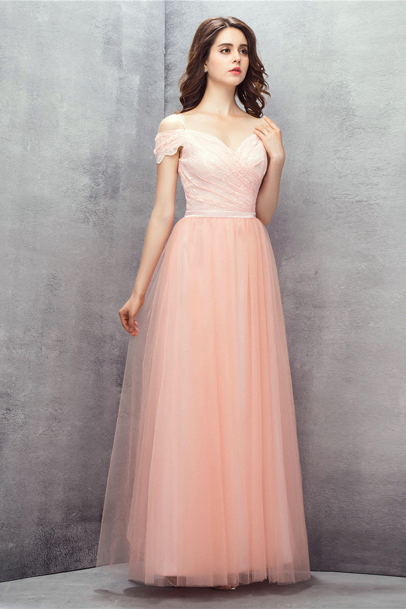 Prom Dresses Open Backs, A-line Pink Off Shoulder Lace Prom Dresses