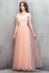 Prom Dress Green, A-line Pink Off Shoulder Lace Prom Dresses