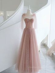 Evening Dress Style, A-Line Pink Round Neck Tulle Long Prom Dresses, Pink Formal Evening Dress