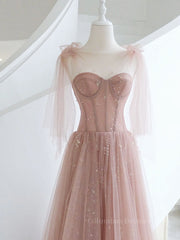 Evening Dress Styles, A-Line Pink Round Neck Tulle Long Prom Dresses, Pink Formal Evening Dress