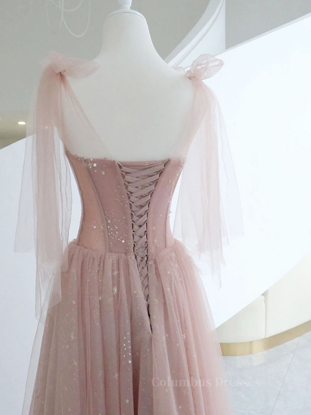 Evening Dresses Dresses, A-Line Pink Round Neck Tulle Long Prom Dresses, Pink Formal Evening Dress