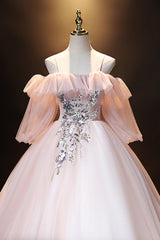 Formal Dress For Sale, A-Line Pink Spaghetti Straps Long Prom Dress, Pink Lace Formal Evening Dress