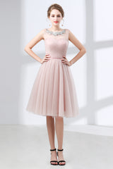 Design Dress Casual, A-Line Pink Tulle Lace Pleats Knee Length Homecoming Dresses
