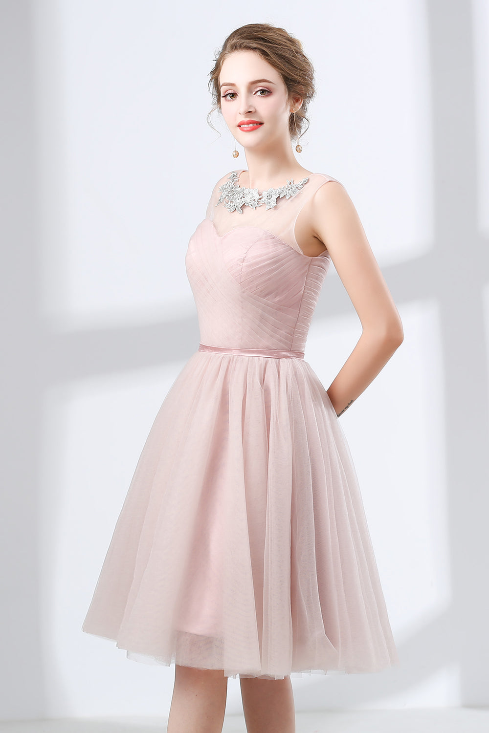 Modest Prom Dress, A-Line Pink Tulle Lace Pleats Knee Length Homecoming Dresses