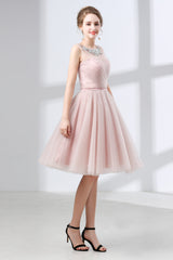 Off Shoulder Dress, A-Line Pink Tulle Lace Pleats Knee Length Homecoming Dresses