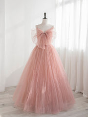 Prom Dresses Website, A-Line Pink Tulle Sequin Long Prom Dresses, Pink Formal Evening Dresses
