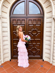 Formal Dresses Prom, A-line Pink Tulle Tiered Long Prom Dress , Unique Prom Dress