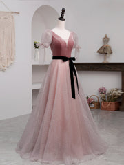 Prom Dresses Designers, A-Line Pink Tulle Velvet Long Prom Dress, Pink Formal Dresses