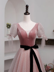 Prom Dresses Designs, A-Line Pink Tulle Velvet Long Prom Dress, Pink Formal Dresses