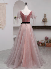 Prom Dress Designs, A-Line Pink Tulle Velvet Long Prom Dress, Pink Formal Dresses