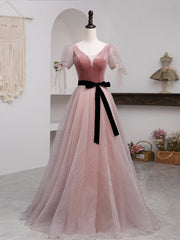 Prom Dress Designers, A-Line Pink Tulle Velvet Long Prom Dress, Pink Formal Dresses