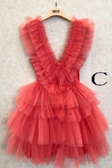 Bridesmaid Dress Convertible, A Line Pink V Neck Tiered Homecoming Dress,Tulle Short Prom Party Dresses