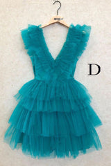 Bridesmaid Dresses, A Line Pink V Neck Tiered Homecoming Dress,Tulle Short Prom Party Dresses
