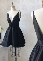 Satin Dress, A-line Plunge V Back Black Taffeta Short Mini Homecoming Dress