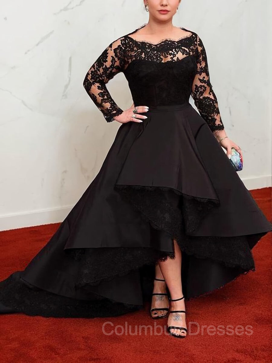 Prom Dress Trends 2041, A-Line/Princess Bateau Asymmetrical Satin Prom Dresses With Appliques Lace