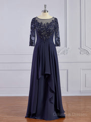 Bridesmaid Dresses Navy Blue, A-Line/Princess Bateau Floor-Length Chiffon Mother of the Bride Dresses With Appliques Lace