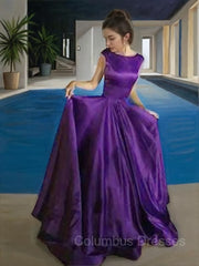 Bridesmaids Dress Modest, A-Line/Princess Bateau Floor-Length Satin Prom Dresses With Ruffles