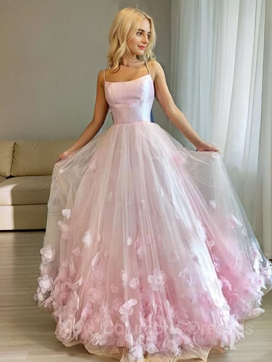 Bridesmaids Dresses Gold, A-Line/Princess Bateau Floor-Length Tulle Prom Dresses With Flower