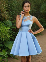 Bridesmaid Dresses Chicago, A-Line/Princess Bateau Short/Mini Satin Homecoming Dresses With Appliques Lace