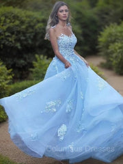 Homecoming Dresses Freshman, A-Line/Princess Bateau Sweep Train Tulle Prom Dresses With Appliques Lace