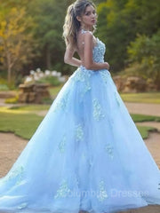 Homecoming Dresses Red, A-Line/Princess Bateau Sweep Train Tulle Prom Dresses With Appliques Lace