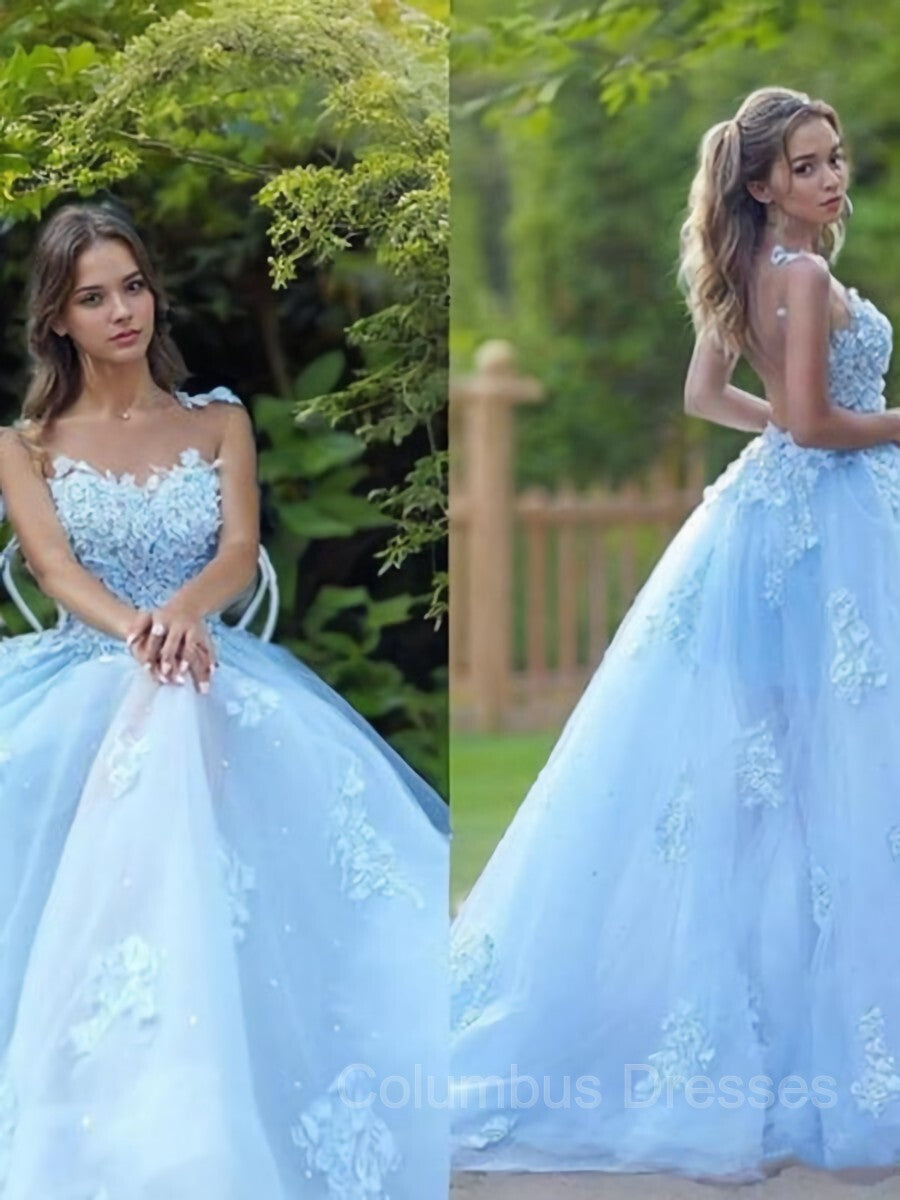 Homecoming Dress Classy, A-Line/Princess Bateau Sweep Train Tulle Prom Dresses With Appliques Lace